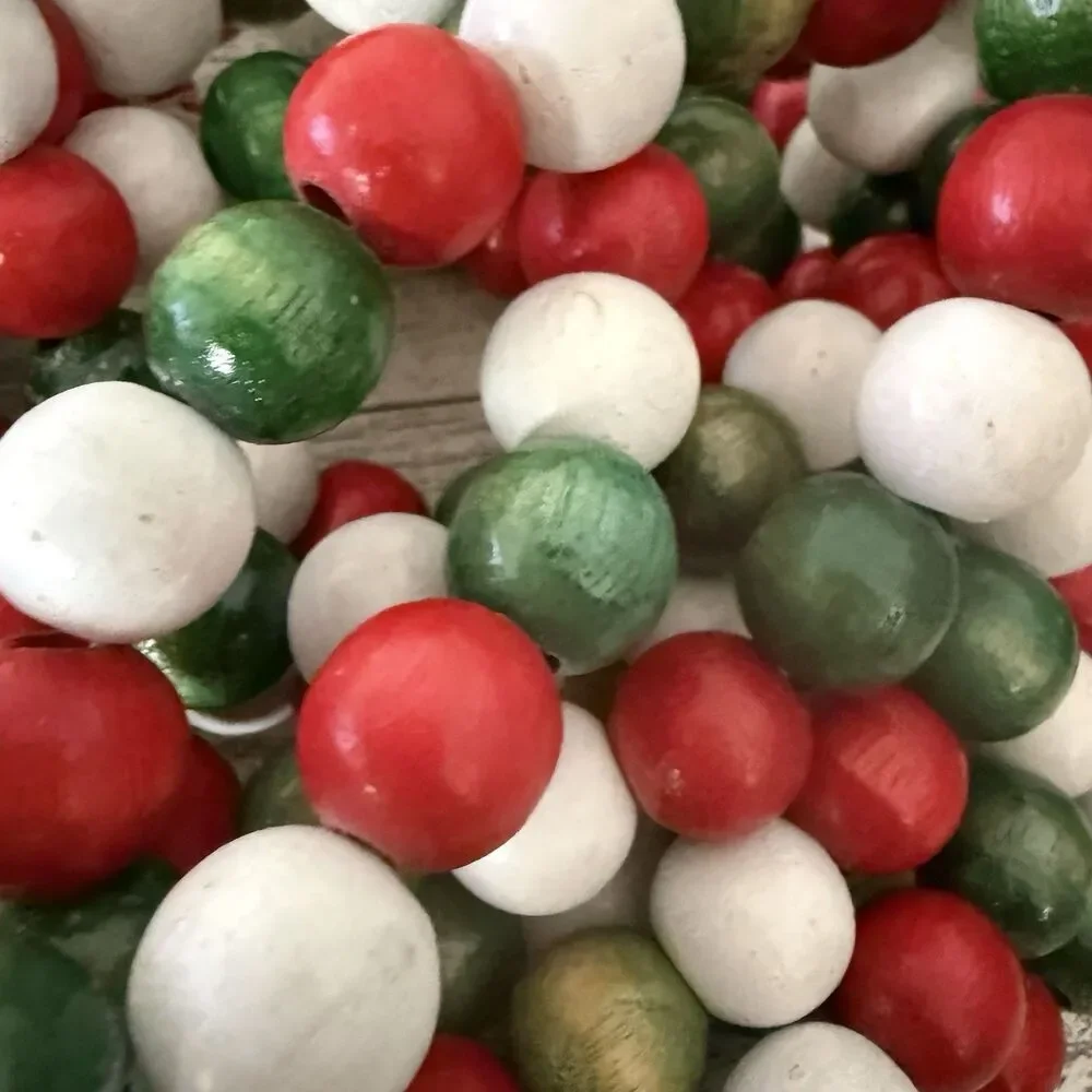 Vintage 9 ft WOODEN BEAD Christmas Tree Garland Strands Red Green White LOT OF 2